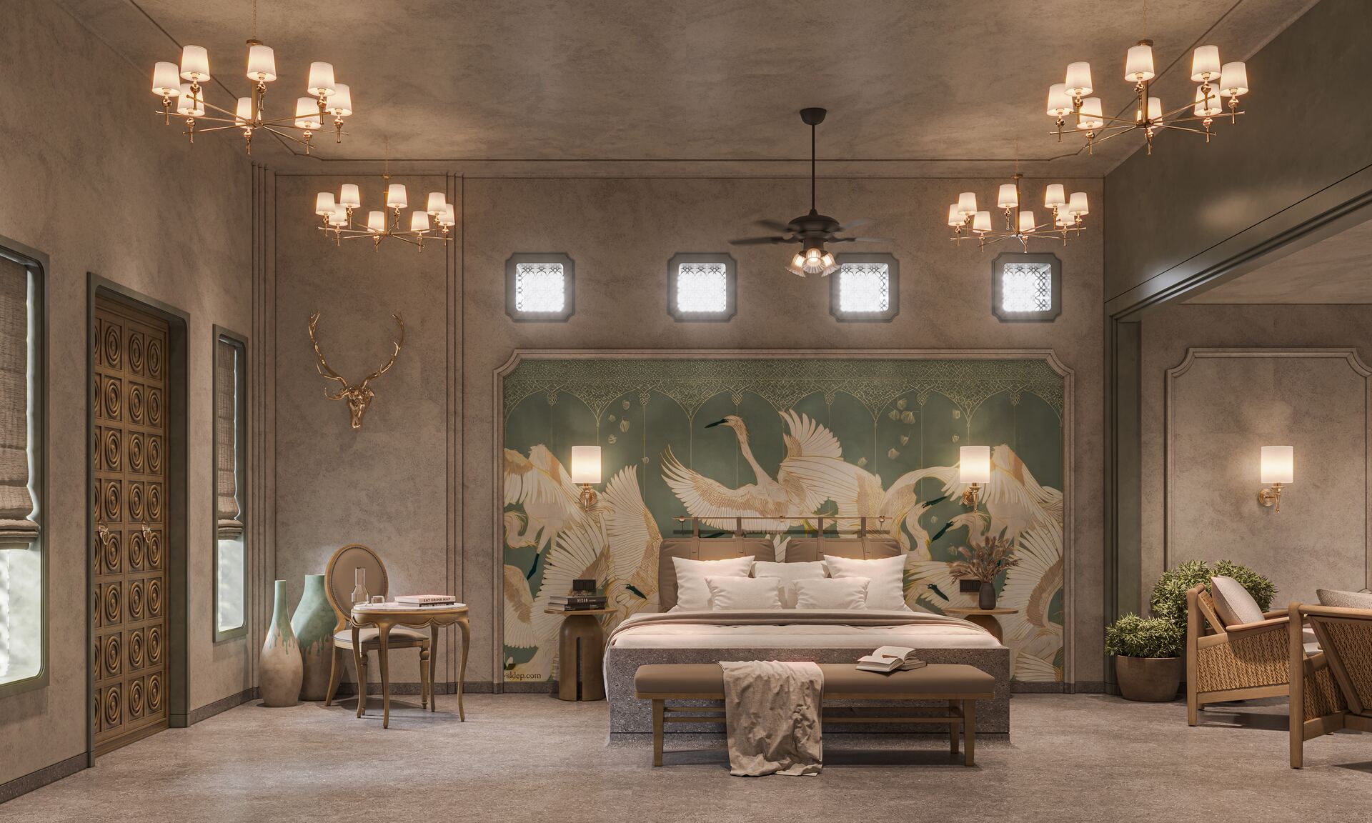 Suite with hand-painted crane mural