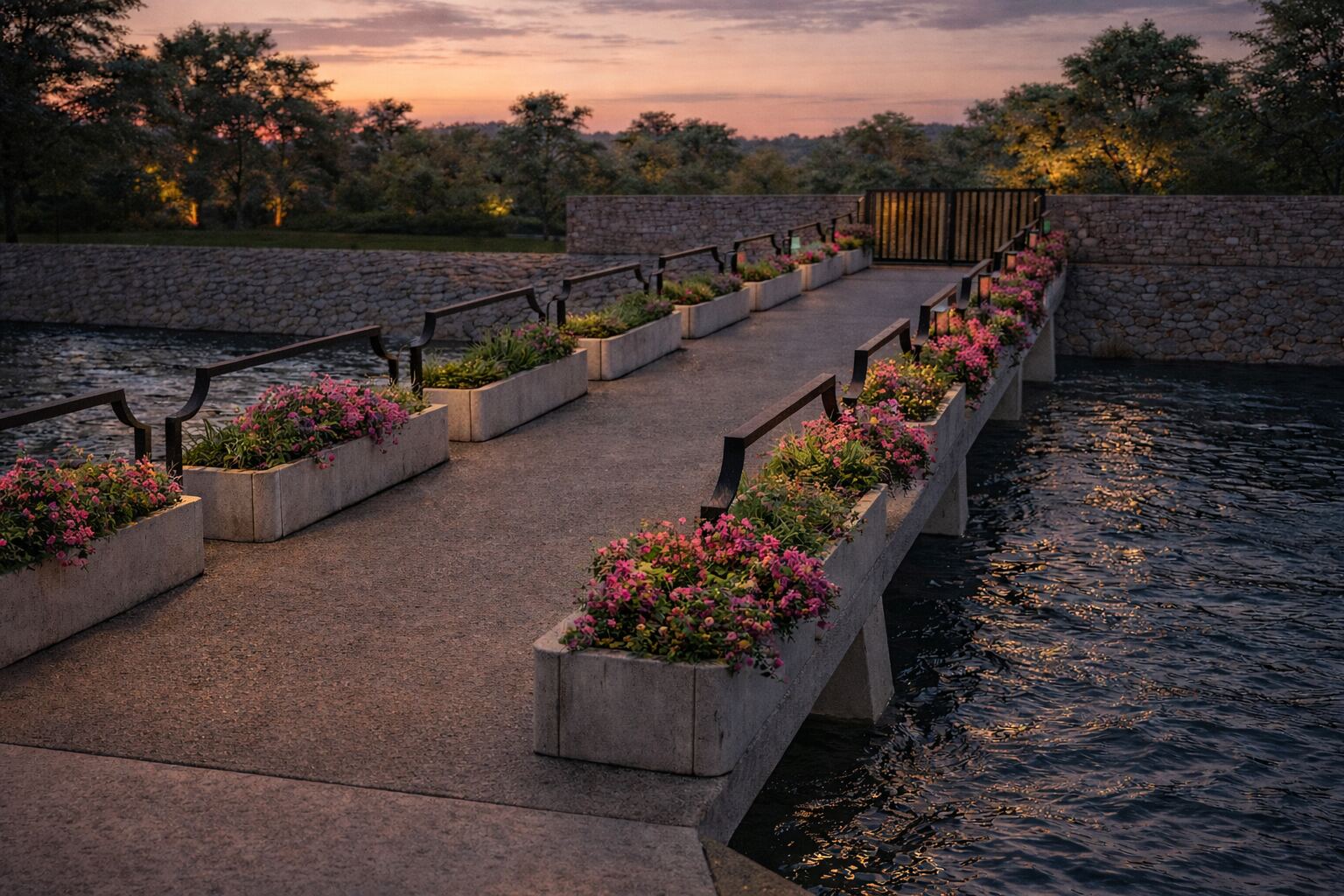 Bridge railing at sunset
