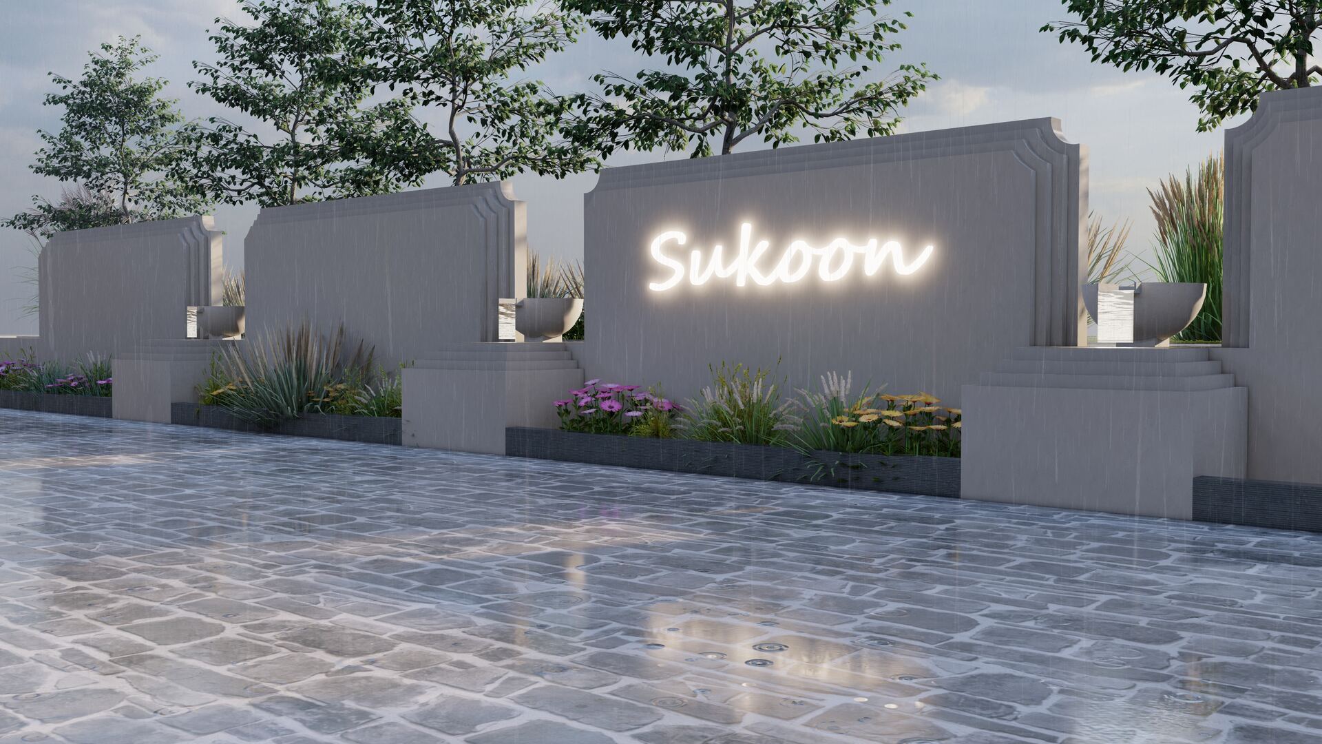 The Sukoon signage wall at dusk