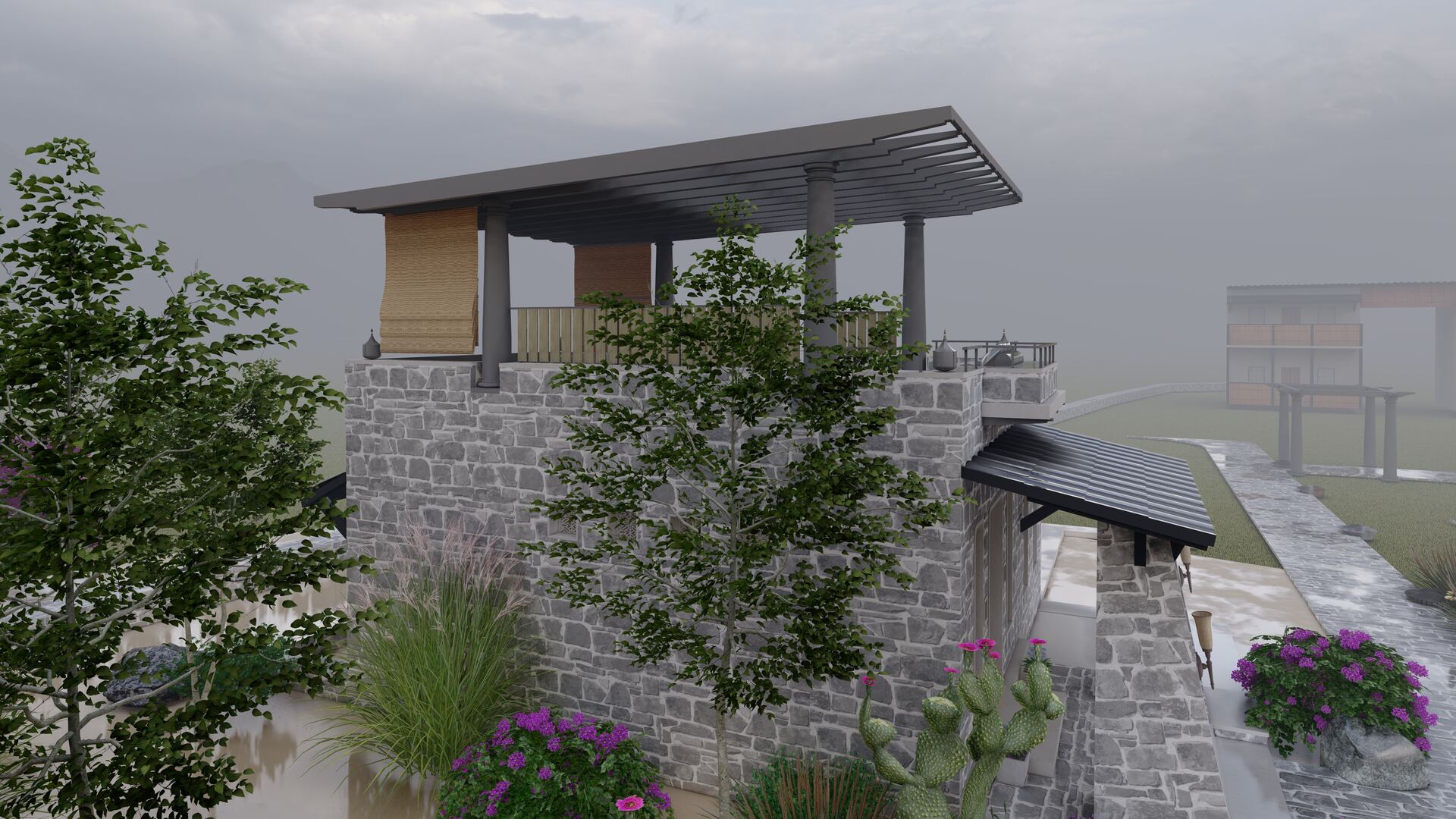 Villa amidst floral landscaping