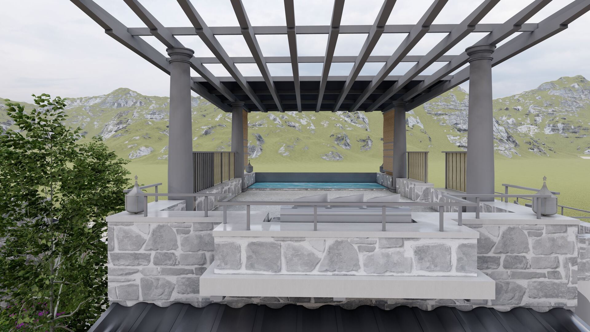Villas with pergolas amid boulders