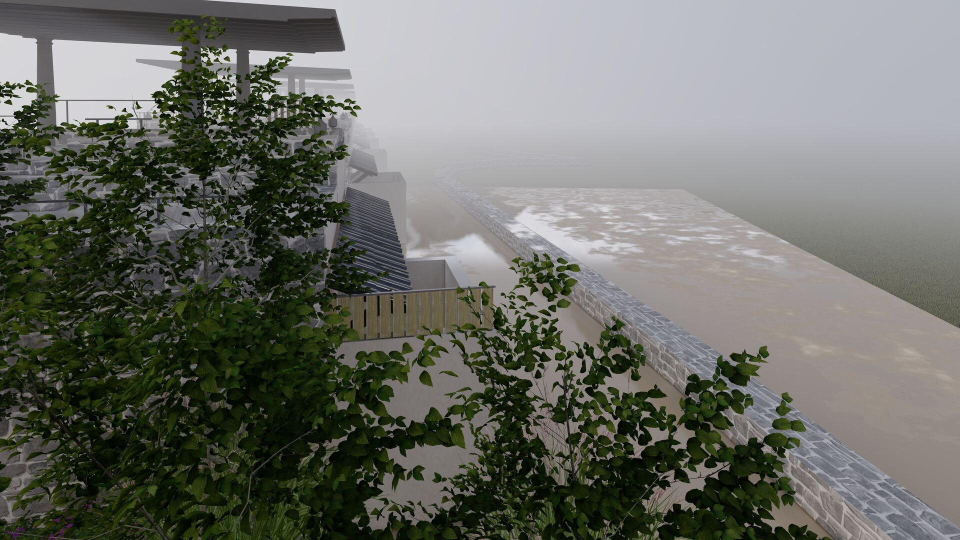 A villa in soft morning mist
