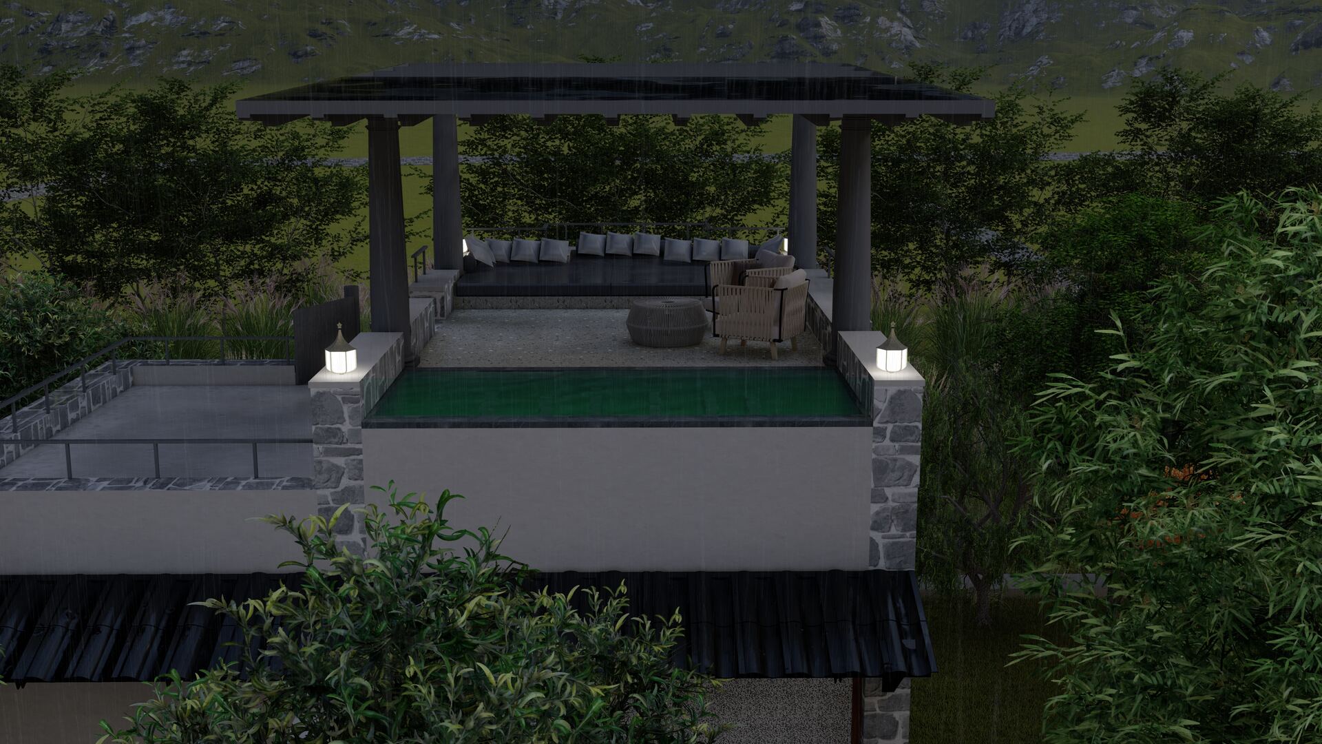 Pergola pavilion at dusk