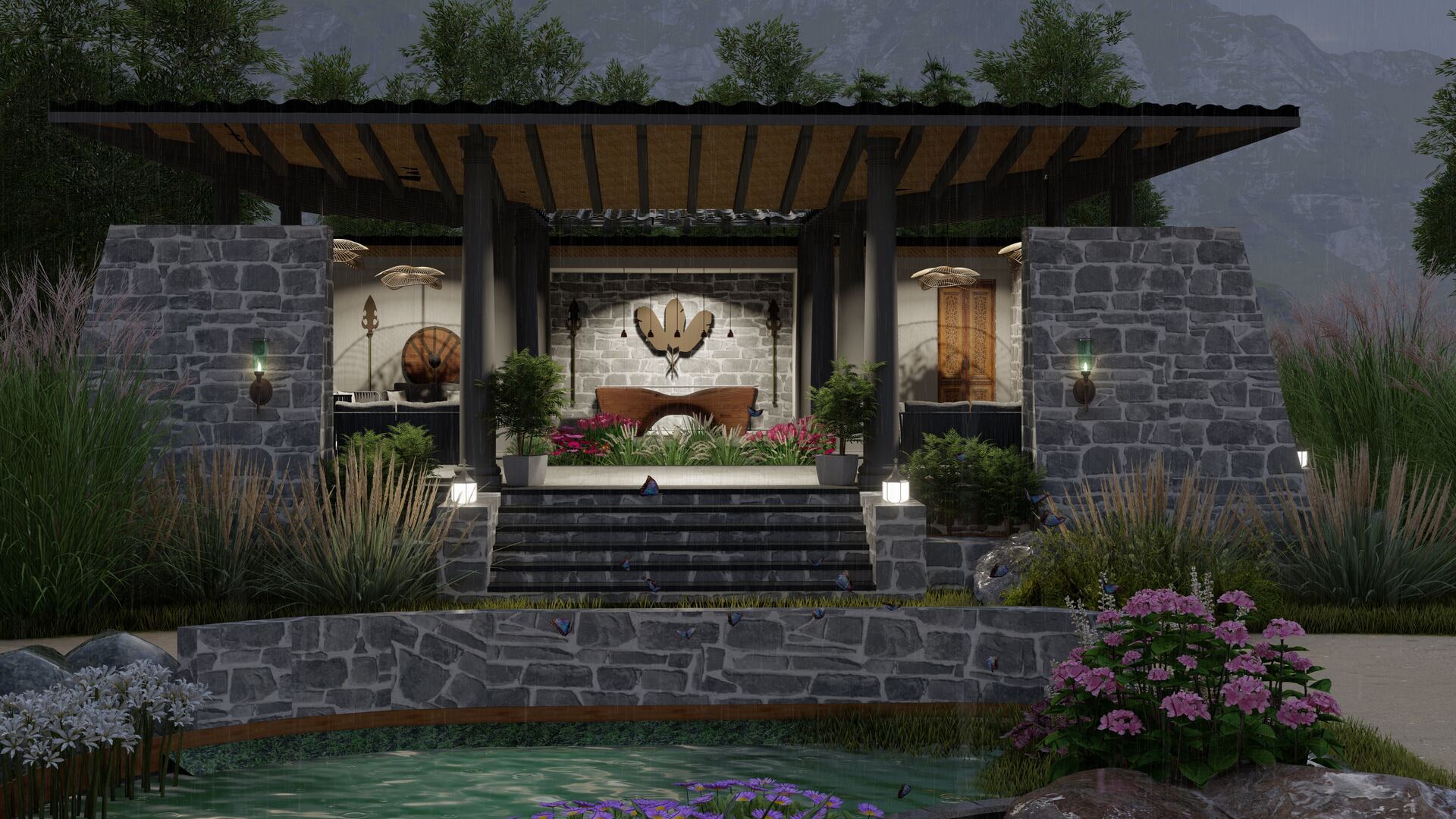 A Suite Villa with reflecting pond and pergola entry