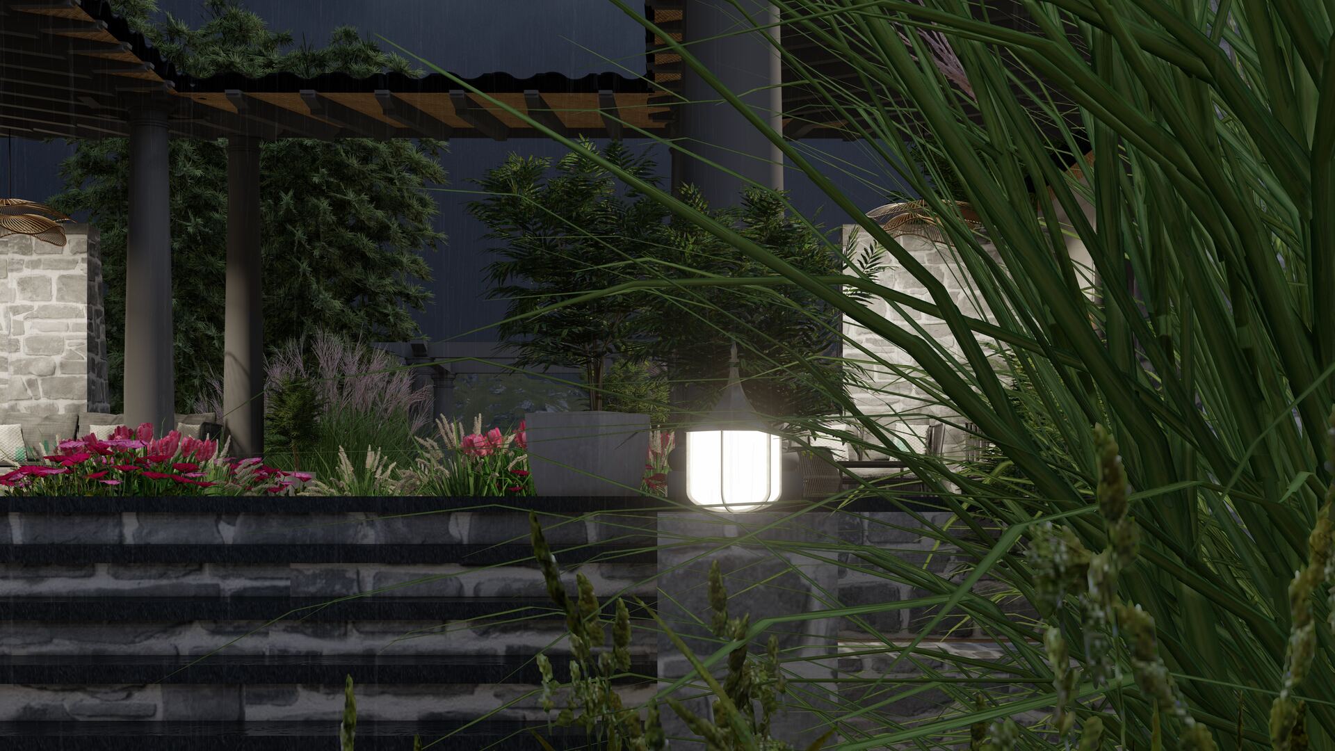 Lantern-lit landscaped path