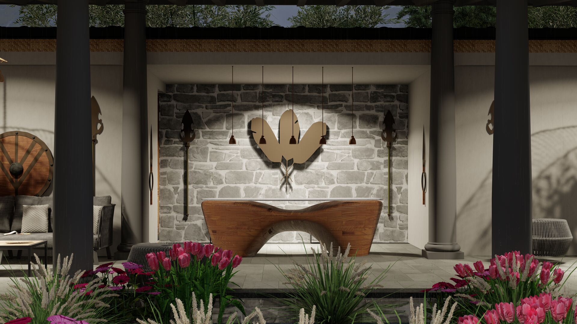 Living room with brass-cast wall art