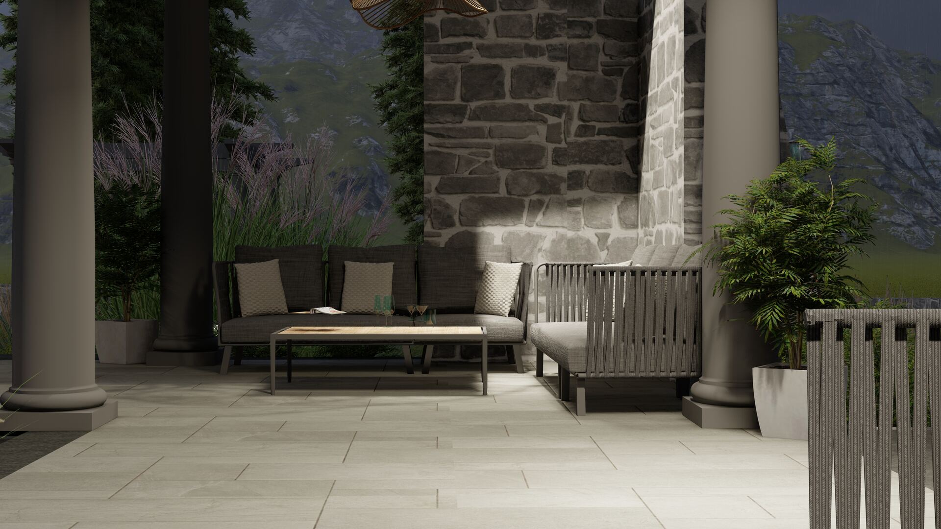 Covered terrace with woven seating