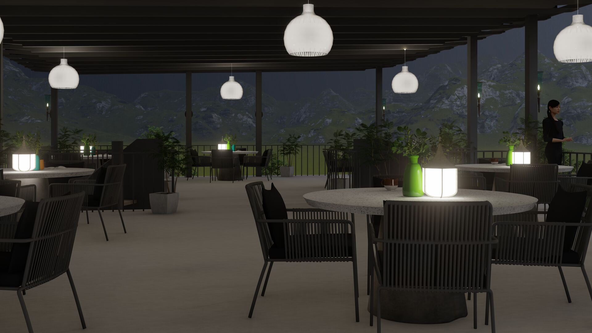 The open-air dining pavilion at night