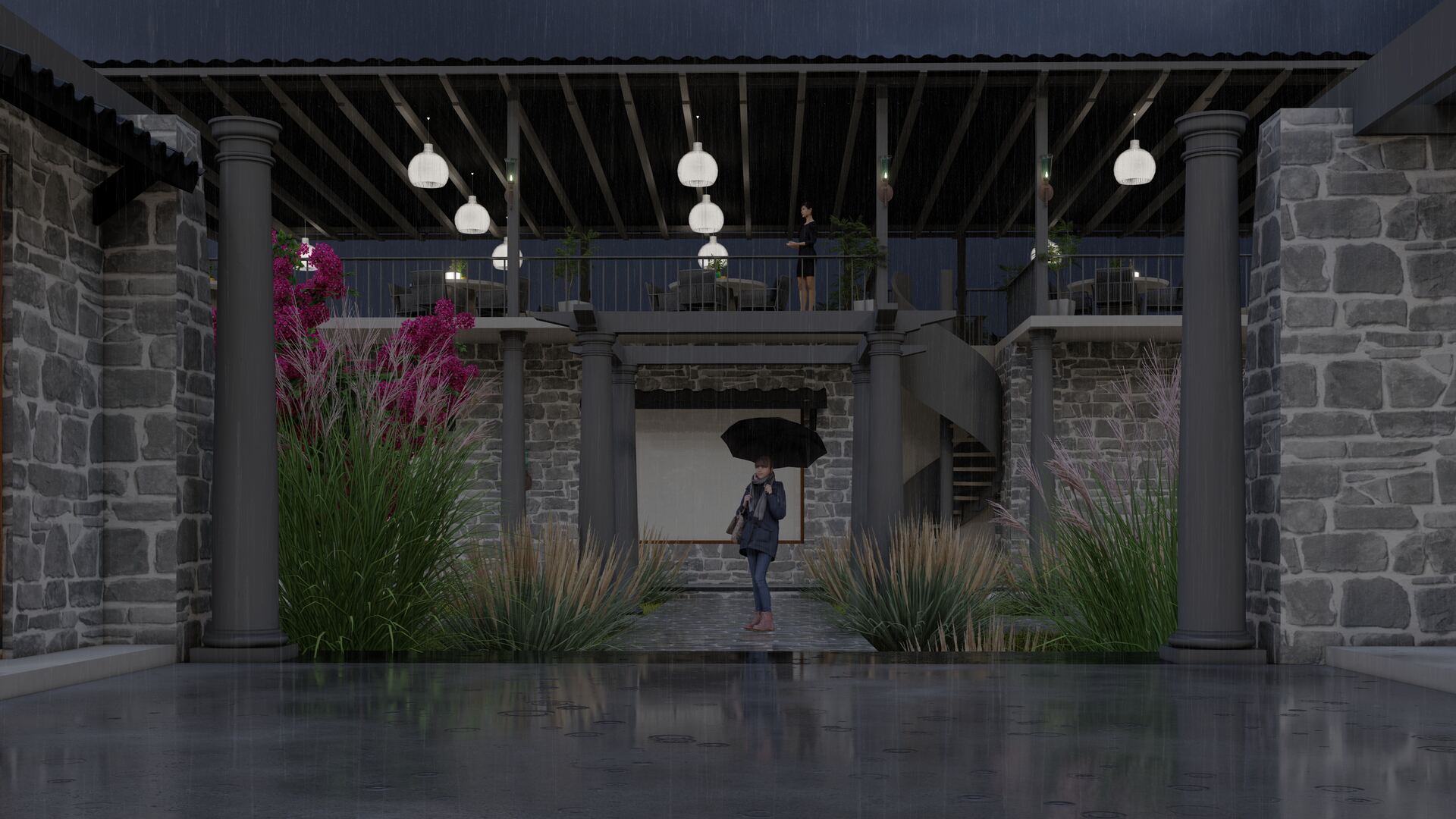 Open seating amid tall grasses